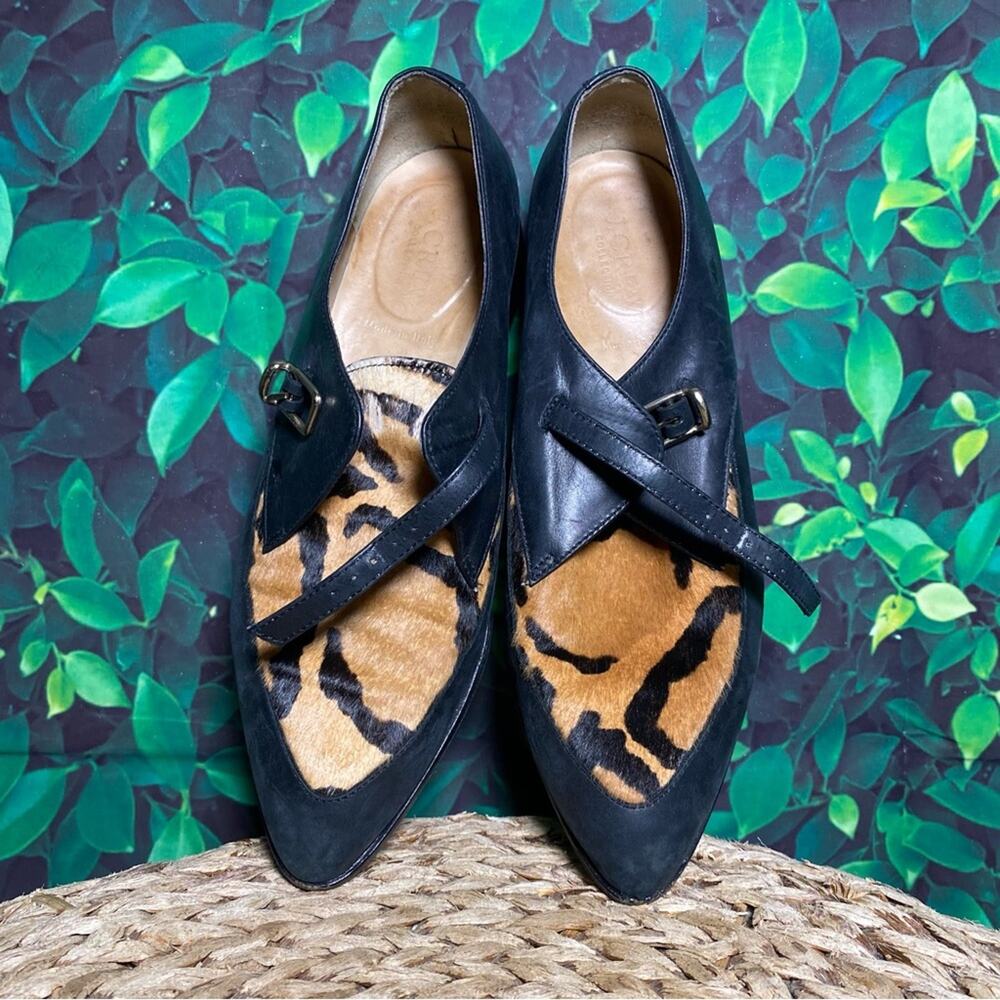 J crew black leather calf hair tiger animal print loafers women 7